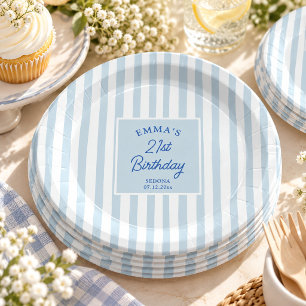 Light Blue Stripe 21st Birthday Coastal Chic Paper Plate