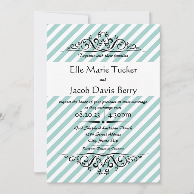 Light Blue Striped Flourish Wedding Invitation (Front)