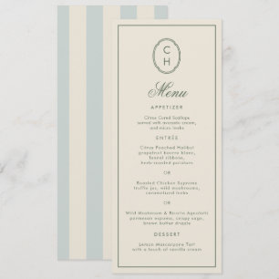 Light Blue Striped Monogram Long Wedding Menu Card