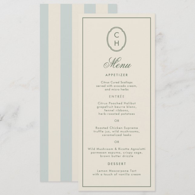 Light Blue Striped Monogram Long Wedding Menu Card (Front/Back)