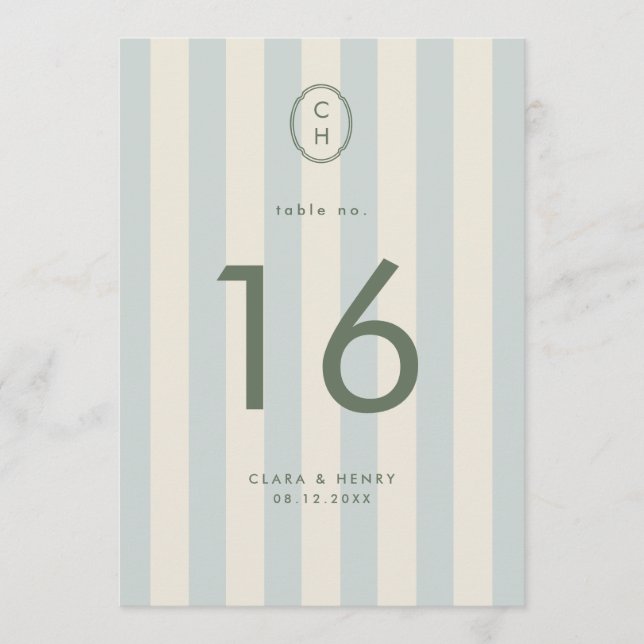 Light Blue Striped Monogram Wedding Table Number (Front)