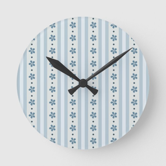 Light Blue Stripes And Flowers Round Clock (Front)