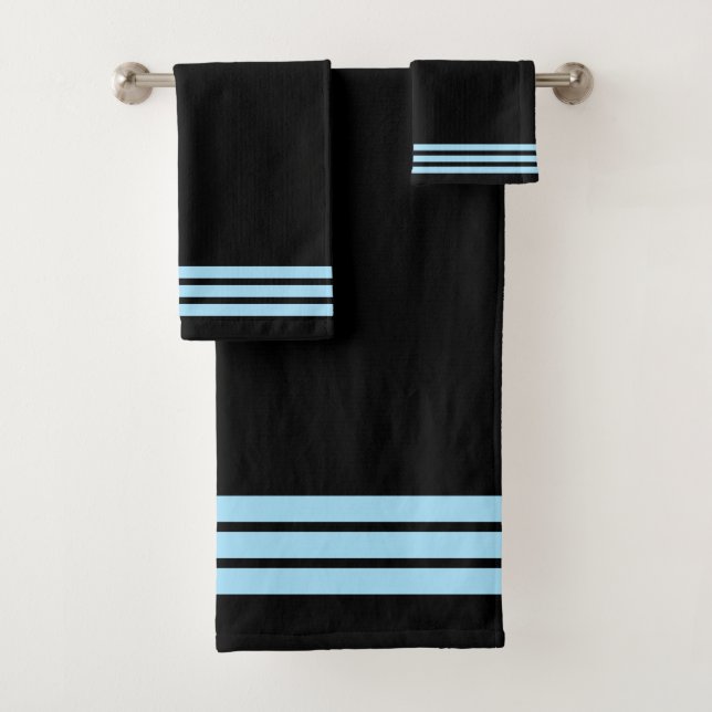 Light Blue Stripes on Black Bath Towel Set (Insitu)