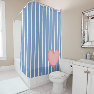 Light Blue Stripes w/Pink Heart Shower Curtain