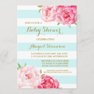 Light Blue Stripes Watercolor Flowers Baby Shower Invitation