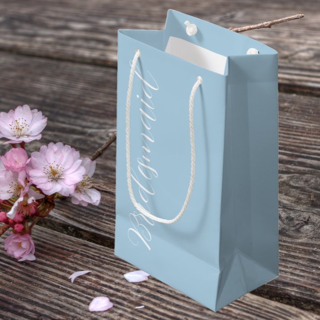 Light Blue Stylised Script Wedding Bridesmaid Small Gift Bag (In Situ)