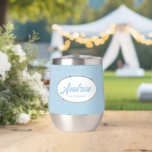 Light Blue Stylised Wedding Groomsman Name<br><div class="desc">Gift your wedding groomsman with this trendy and personalised, stainless steel wine tumbler with his name in stylised script inside a white, oval design. Background colour and script is a light blue. Personalise your wine tumbler by editing and replacing name with desired name. Available in many, popular wedding colour schemes....</div>