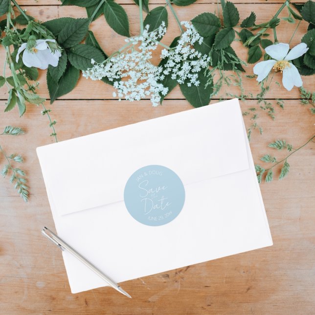 Light Blue Stylised Wedding Save the Date Classic Round Sticker (In Situ Wedding)