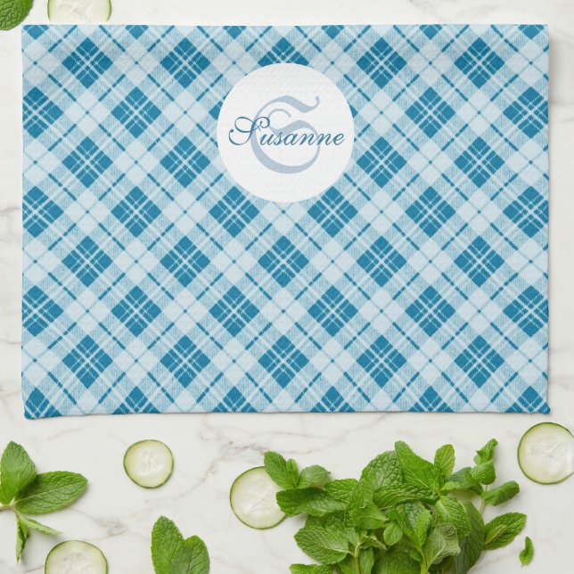 Light Blue tartan Christmas pattern Monogram Tea Towel (Folded)