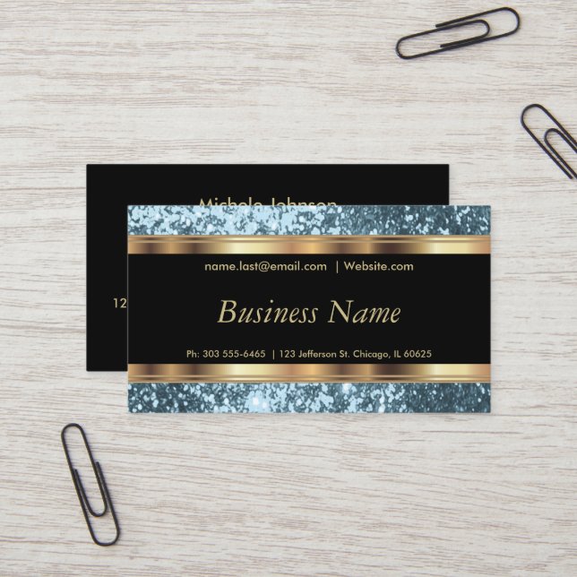 Light Blue Teal Glitter and Elegant Gold Business Card (Front/Back In Situ)