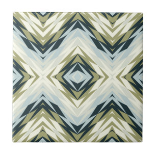 Light Blue Teal Olive Green White Ethnic Tribe Art Tile