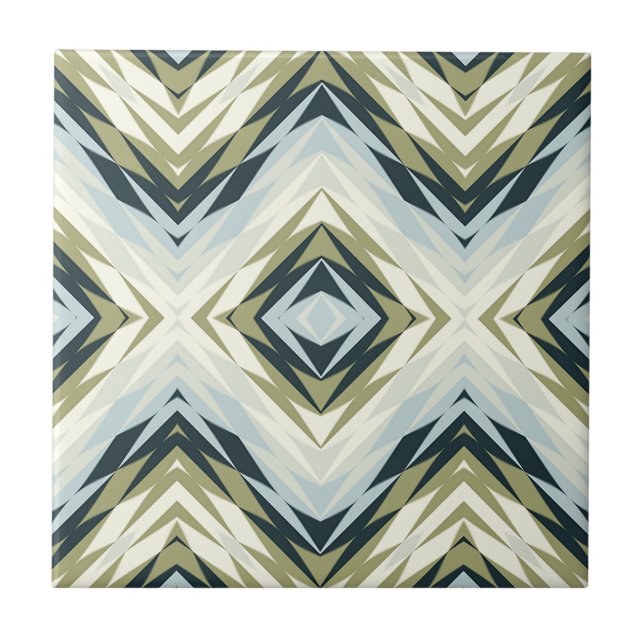 Light Blue Teal Olive Green White Ethnic Tribe Art Tile (Front)