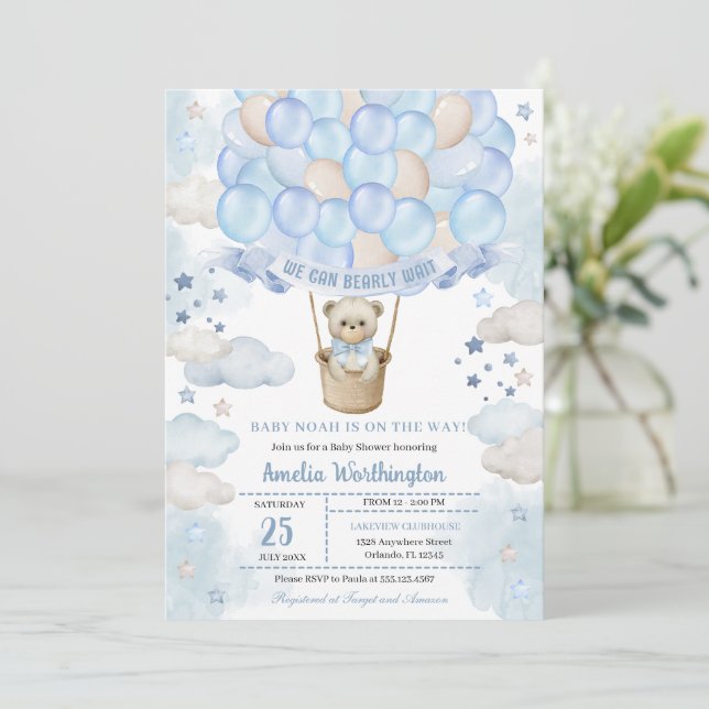 Light Blue Teddy Bear Hot Air Balloon Baby Shower Invitation (Standing Front)