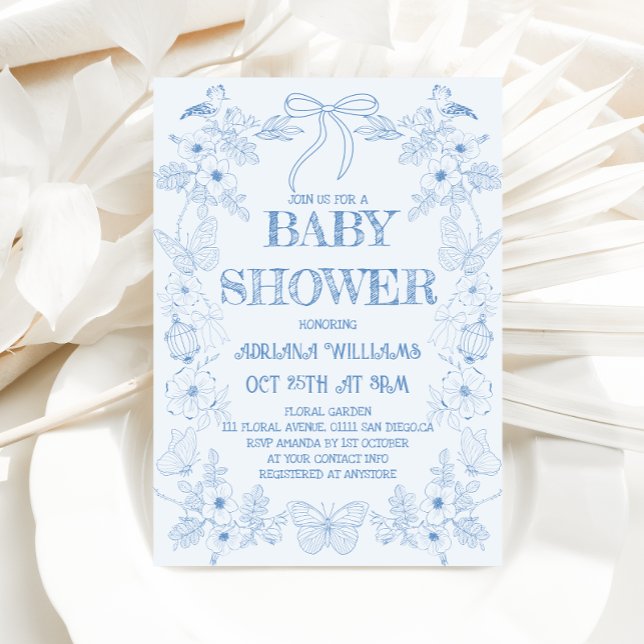 Light Blue Toile Bow Boy Baby Shower Invitation (Creator Uploaded)