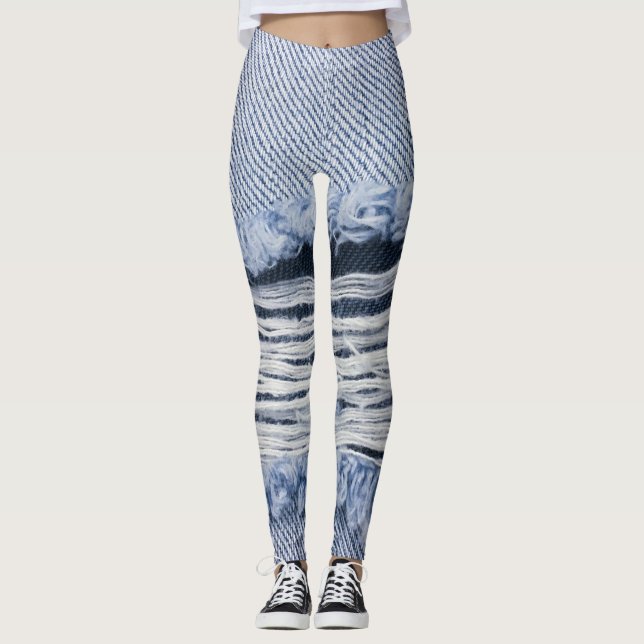 Light Blue Torn Jeans Texture Leggings (Front)