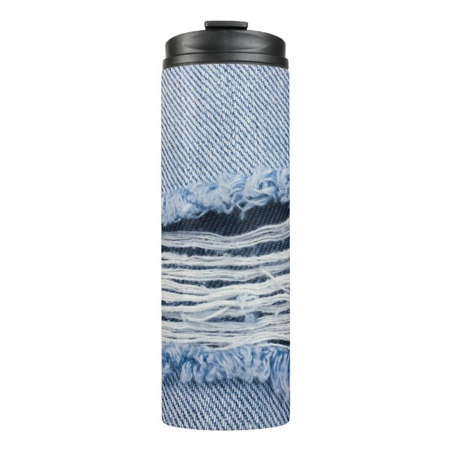 Light blue torn Jeans texture. Thermal Tumbler (Front)