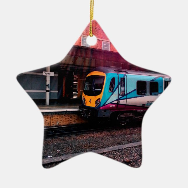 Light blue train ceramic tree decoration (Front)