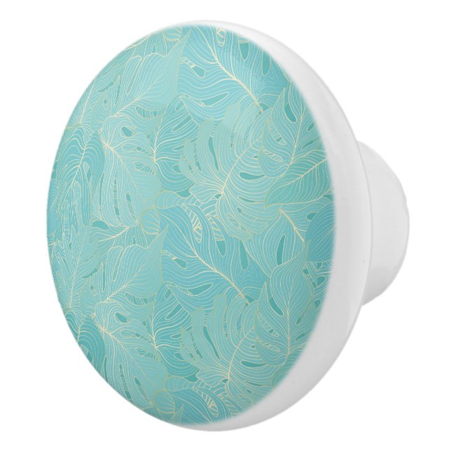 Light blue tropical palm leaves luxury pattern ceramic knob (Right)