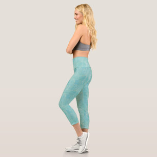 Light blue tropical palm leaves pattern capri leggings