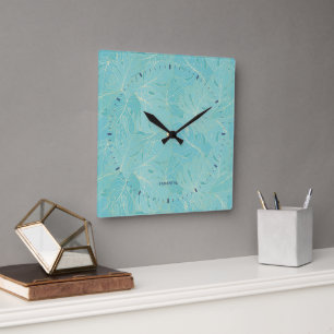 Light blue tropical palm leaves pattern square wall clock