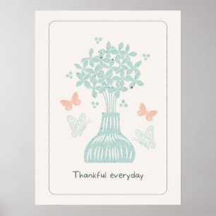 Light Blue Vase With Flowers And Butterflies Print