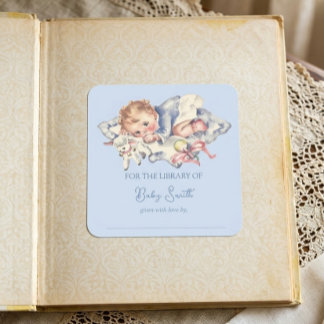 Light Blue Vintage Baby Boy Baby Shower Book Plate Square Sticker