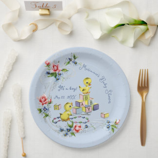 Light Blue Vintage Baby Boy Baby Shower Paper Plate