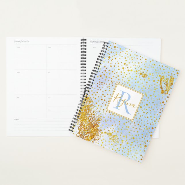 Light blue watercolor and gold confetti monogram planner (Display)