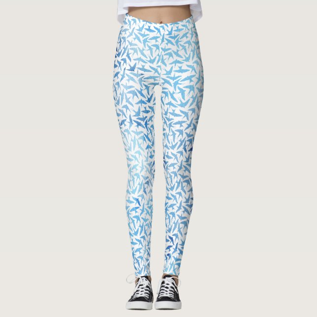 Light Blue Watercolor Birds Pattern Leggings (Front)