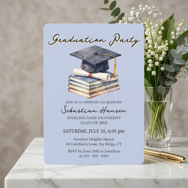 Light Blue Watercolor Books Cap Graduation Party Invitation (Creator Uploaded)