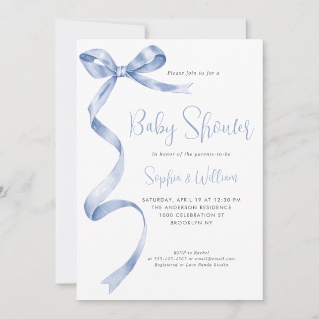 Light Blue Watercolor Bow Ribbon Boy Baby Shower Invitation (Front)