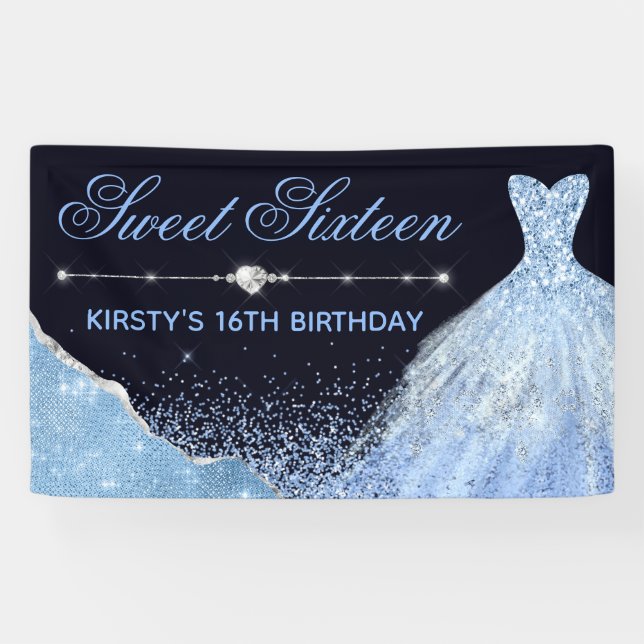 Light Blue Watercolor Dress & Glam Edge Sweet 16 Banner (Horizontal)