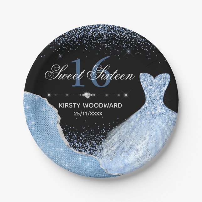 Light Blue Watercolor Dress Sweet 16 Birthday Paper Plate (Front)