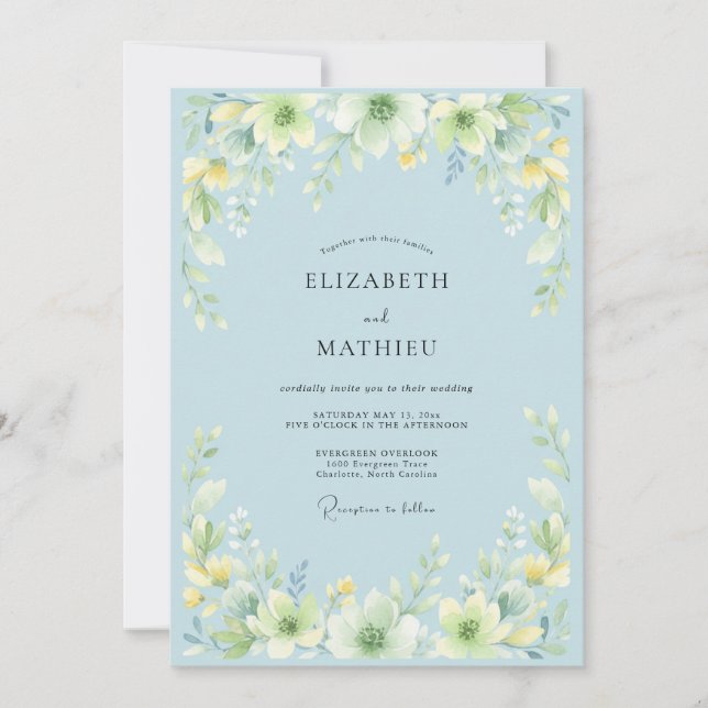 Light Blue Watercolor Floral Wedding Invitation (Front)