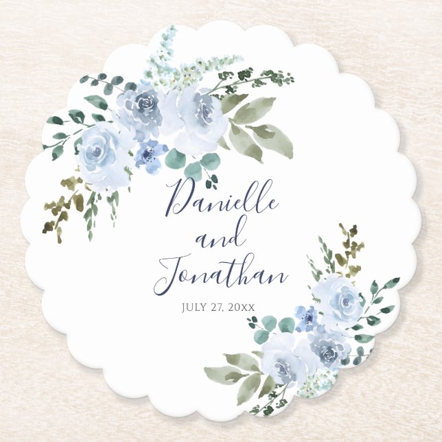Light Blue Watercolor Floral Wedding Paper Coaster (Front)