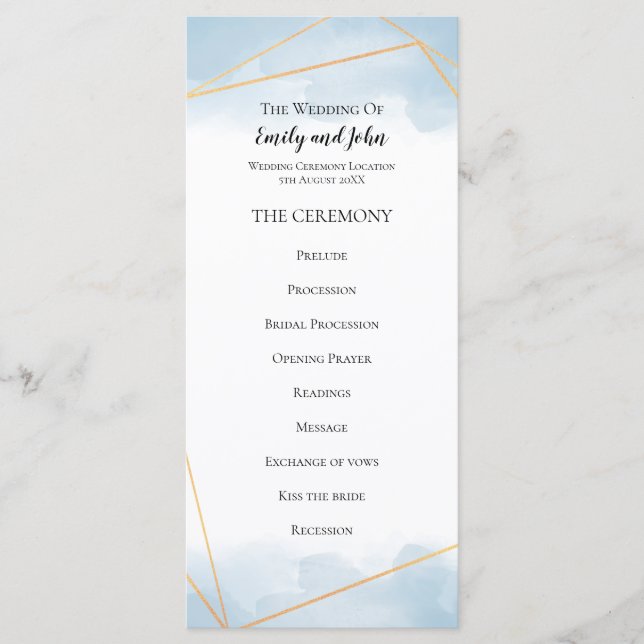 Light Blue Watercolor Gold Geometric Line Wedding Programme (Front)