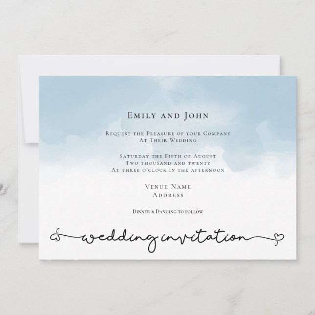 Light Blue Watercolor Heart Swash Script Wedding Invitation (Front)