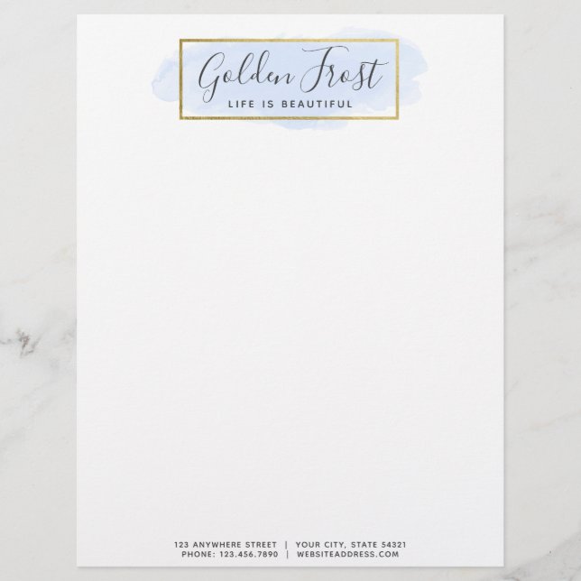 Light Blue Watercolor & Modern Gold Geometric Chic Custom Letterhead (Front)