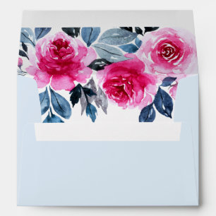 Light Blue Watercolor Pink Floral Wedding Envelope