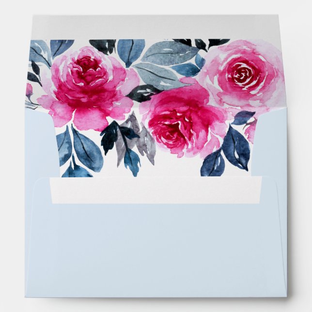 Light Blue Watercolor Pink Floral Wedding Envelope (Back (Bottom))