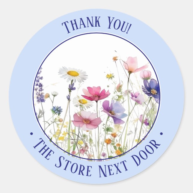 Light blue Watercolor wildflowers Thank you Classic Round Sticker (Front)