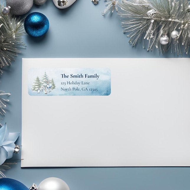 Light Blue Watercolor Woodland Animals Christmas  (woodland creature water color background address return label)