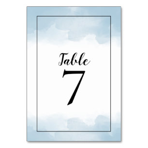 Light Blue Watercolors Black Script Wedding Table Number