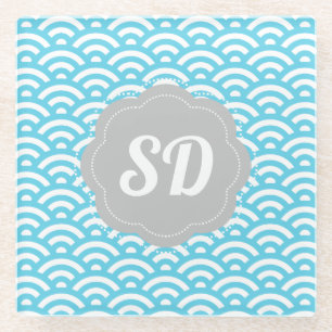 Light Blue Wave Custom Monogram Glass Coaster