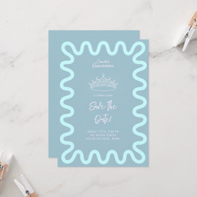 Light Blue Wavy Border Quinceanera Save the Date  Invitation (Front/Back In Situ)