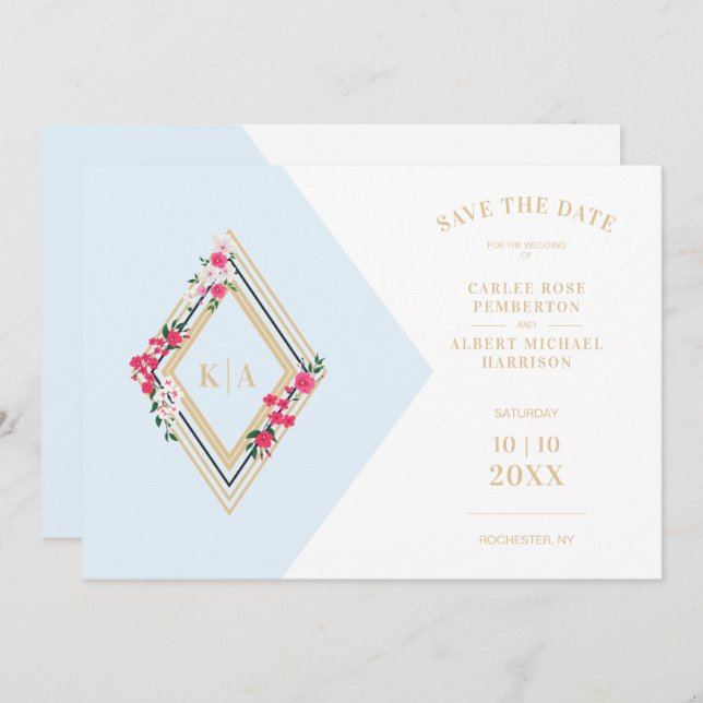 Light Blue Wedding Initials Floral Diamond Shape Save The Date (Front/Back)
