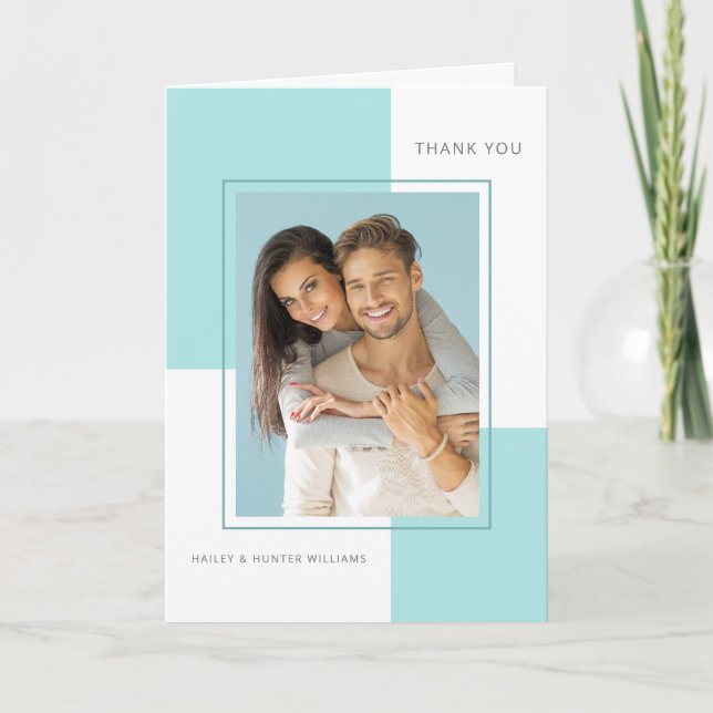 Light Blue Wedding Thank You with Photo Card (Front)