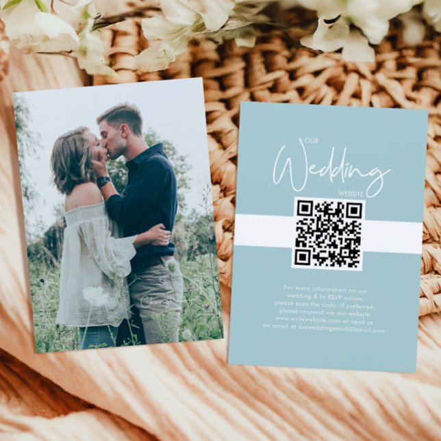 Light Blue Wedding Website QR Code Photo RSVP  Enclosure Card (Creator Uploaded)