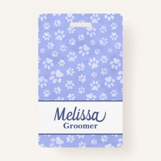 Light Blue & White Animal Paw Print Monogram ID Badge