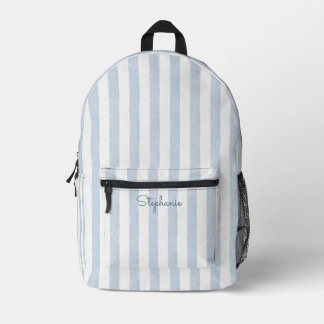 Light Blue White Cabana Stripe Modern Coastal Name Printed Backpack